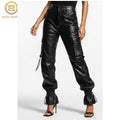 Women's Leather Cargo Pants, High Waisted Drawstring Joggers