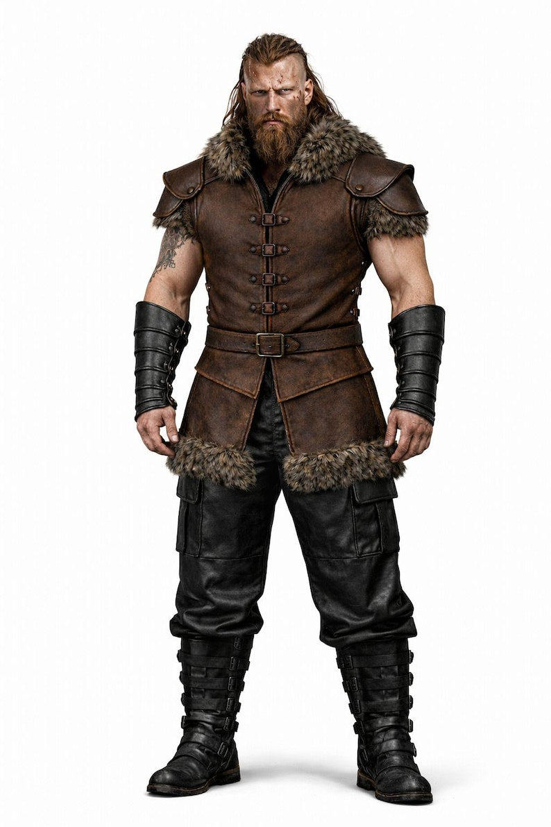 Viking Leather Vest with Fur, Handcrafted Medieval Pirate Vest