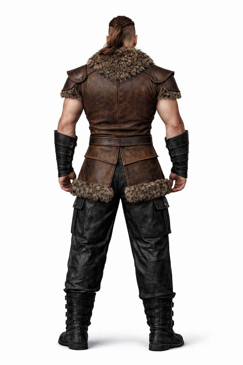 Viking Leather Vest with Fur, Handcrafted Medieval Pirate Vest