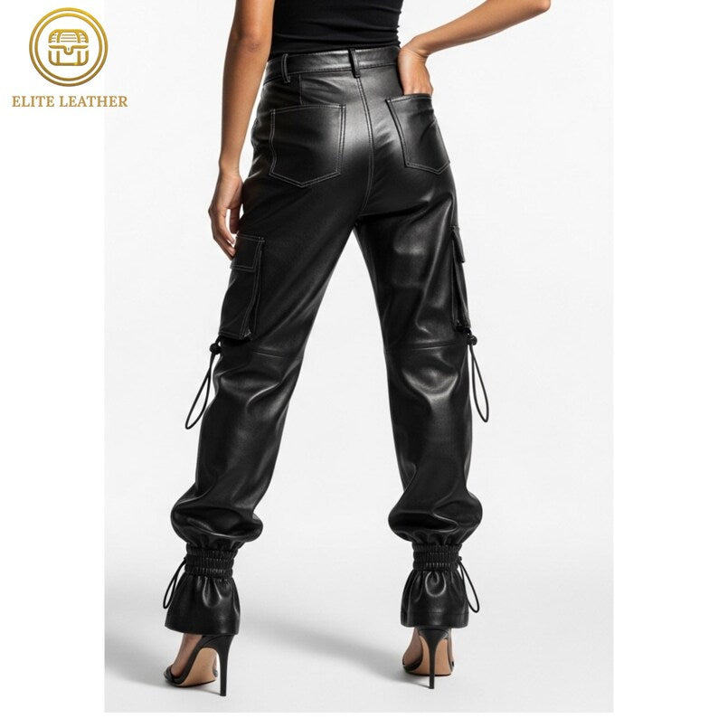 Women's Leather Cargo Pants, High Waisted Drawstring Joggers
