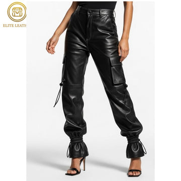 Women's Leather Cargo Pants : Handmade High Waisted Drawstring Joggers - Gift For Her