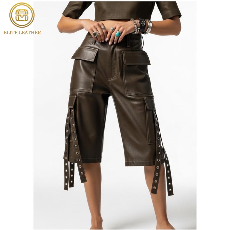 Women's Leather Cargo Shorts : Olive High End Genuine Style | Longline Eyelet Strap Breeches