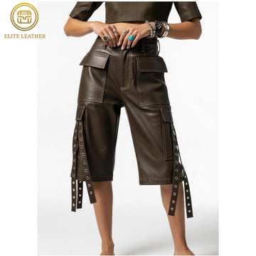 Women's Leather Cargo Shorts : Olive High End Genuine Style | Longline Eyelet Strap Breeches