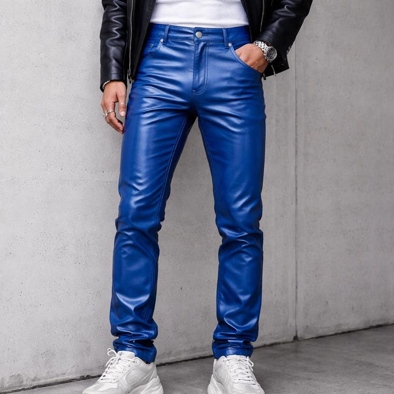 Men's Blue Genuine Leather Slim Fit Biker Trousers