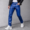 Men's Blue Genuine Leather Slim Fit Biker Trousers