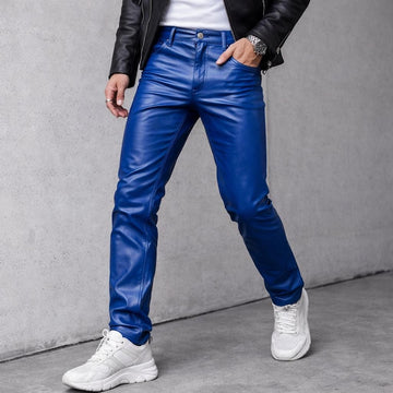 Men's Blue Genuine Leather Slim Fit Biker Trousers