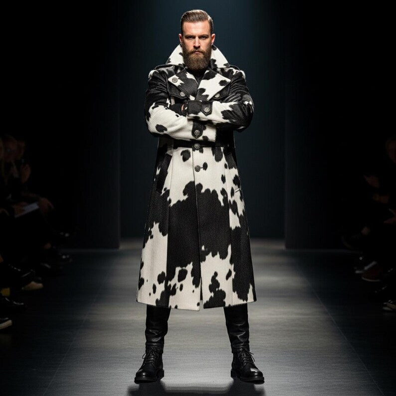 Men's Handmade Hair-On Cowhide Leather Trench Coat image 3