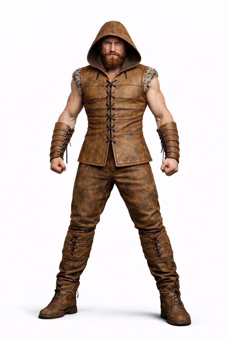 Viking Leather Armor Set, Hooded Vest, Pants Costume, Norse Warrior Cosplay
