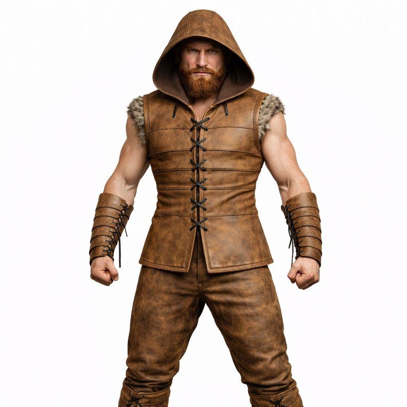 Viking Leather Armor Set, Hooded Vest, Pants Costume, Norse Warrior Cosplay