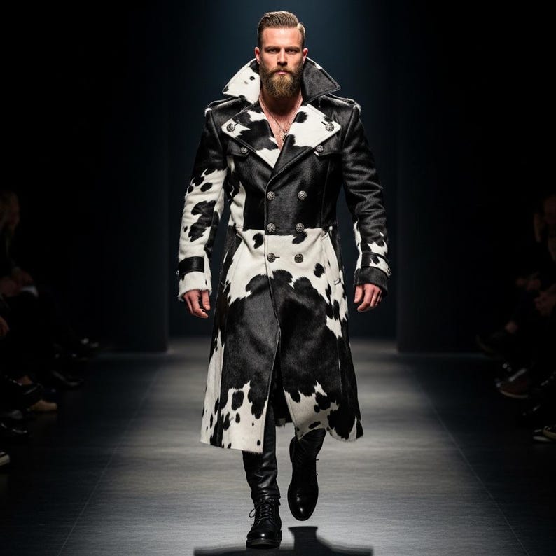 Men's Handmade Hair-On Cowhide Leather Trench Coat