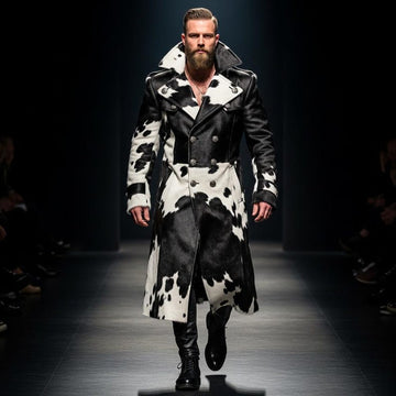 Men's Handmade Hair-On Cowhide Leather Trench Coat