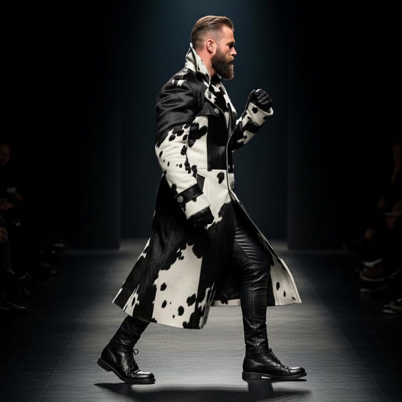 Men's Handmade Hair-On Cowhide Leather Trench Coat