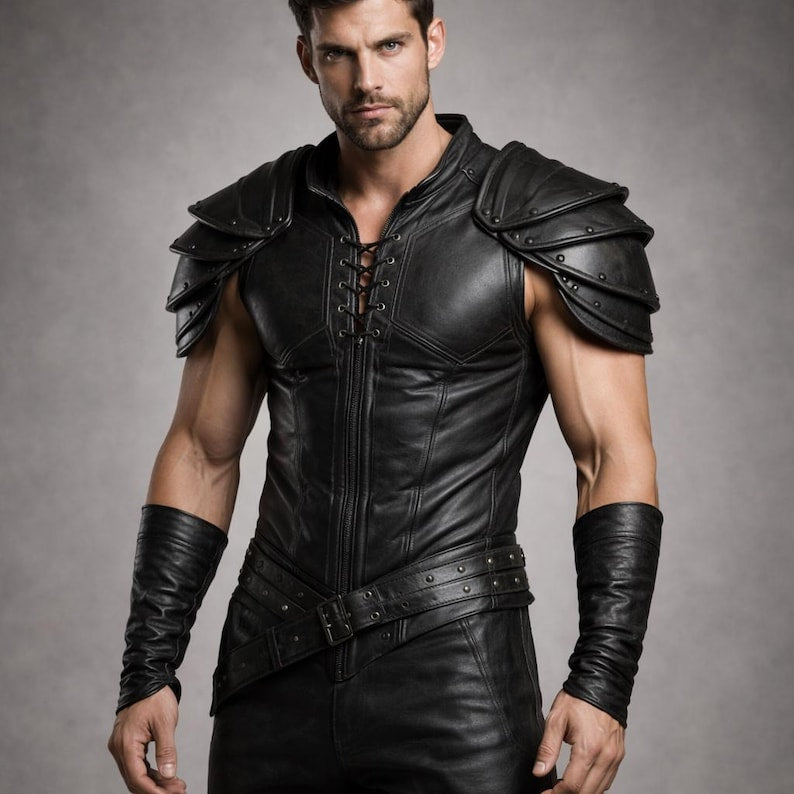 Men's Black Genuine Leather Costume Set, Medieval Warrior Outfit