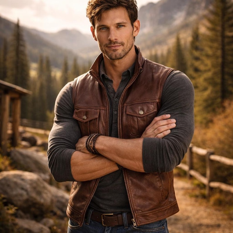 Men's Brown Genuine Leather Vest, Rustic Western Biker Waistcoat
