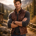 Brown Leather Vest worn front view