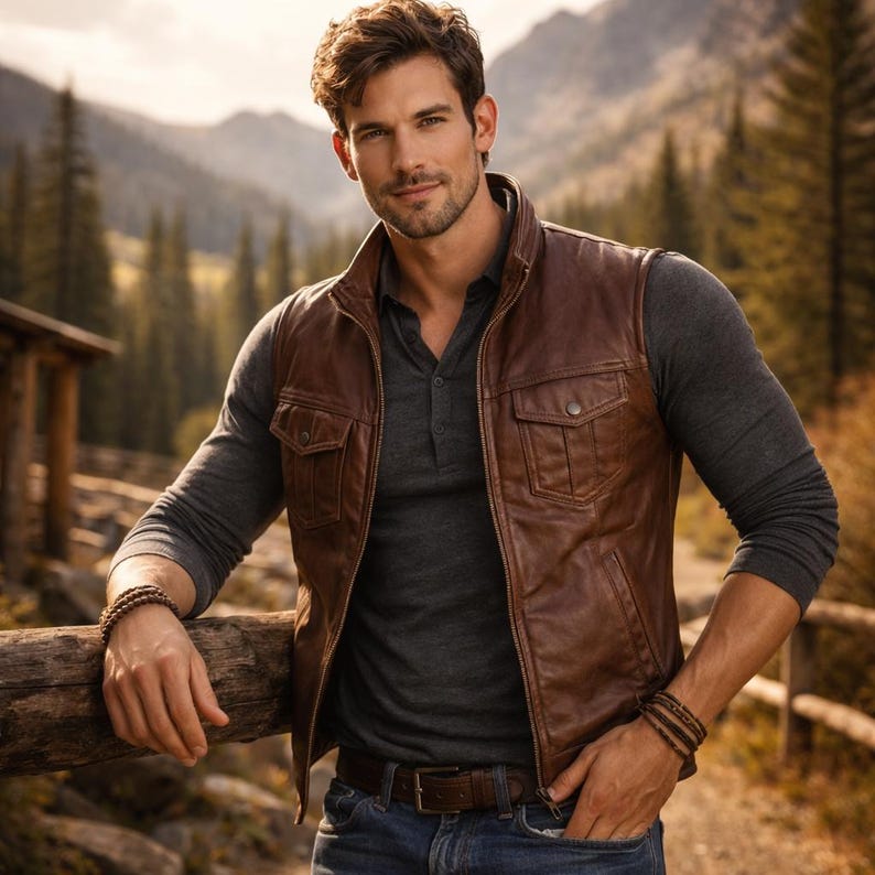 Brown Leather Vest detail view