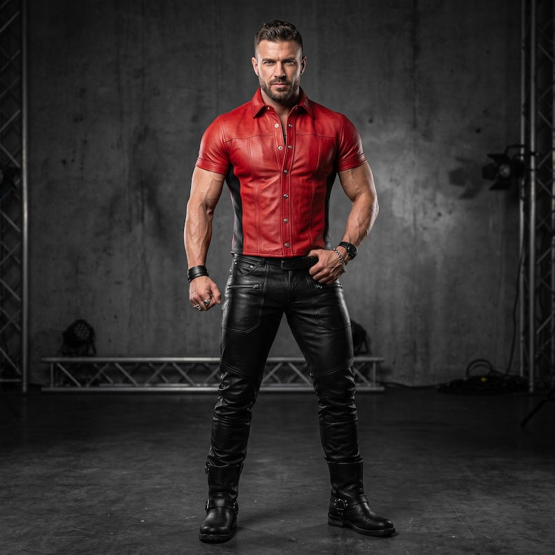 Men's Red Leather Shirt & Black Leather Pants Set