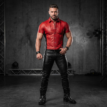 Men's Red Leather Shirt & Black Leather Pants Set