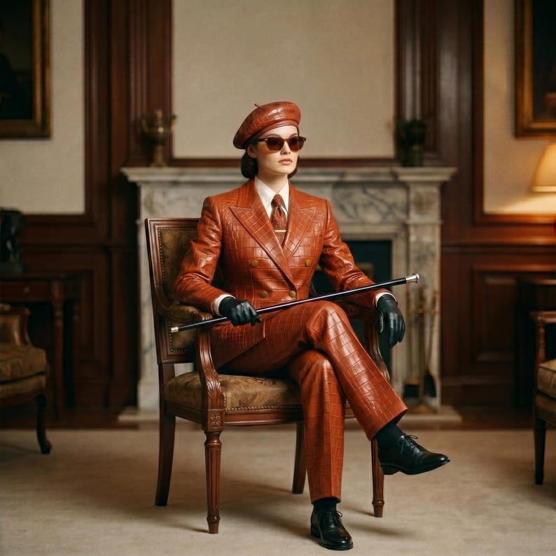 Cognac Crocodile Embossed Leather Suit image 4