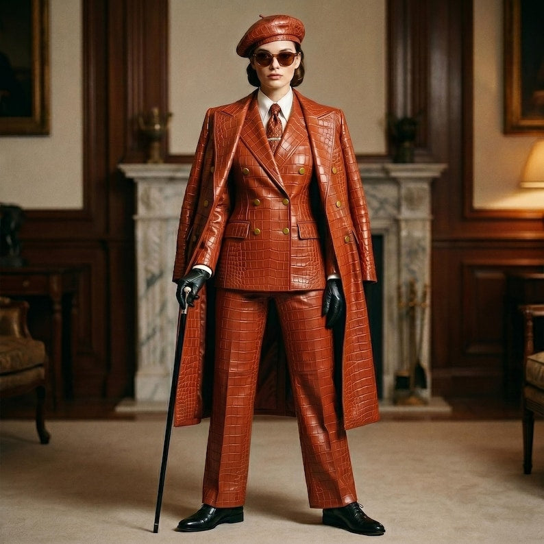 Cognac Crocodile Embossed Leather Suit