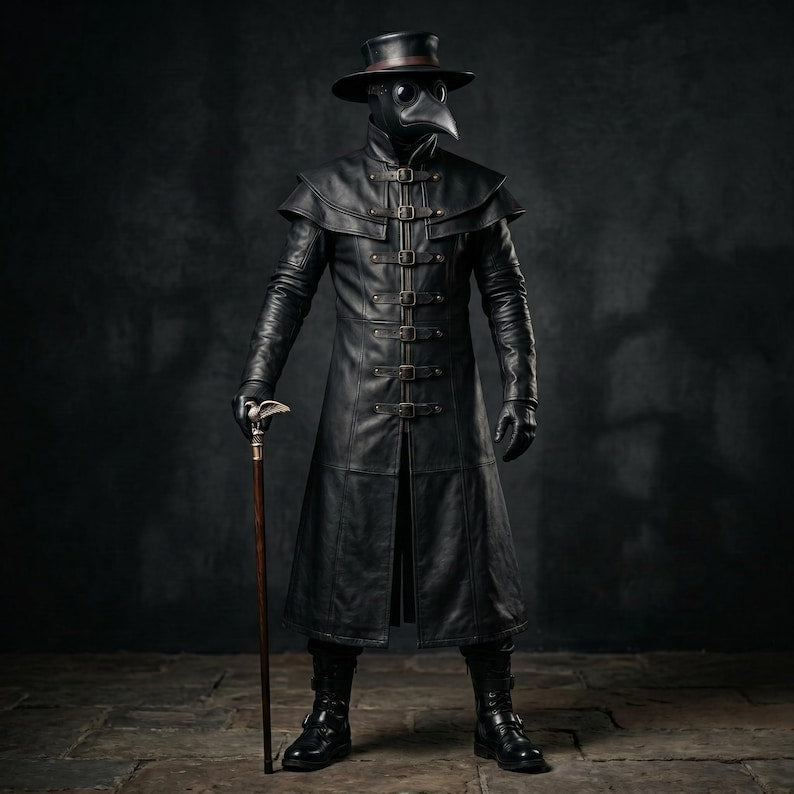 Handmade Black Leather Plague Doctor Coat