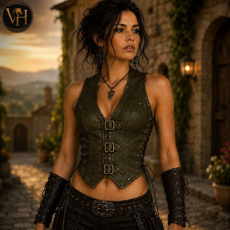 Handmade Leather Buckle Vest With Renaissance Bracers