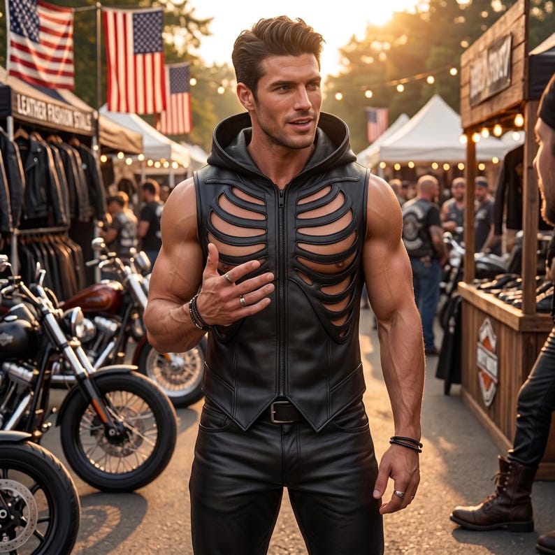 Men's Black Leather Rib Cage Vest image 5