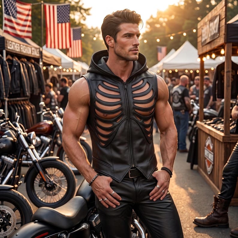Men's Black Leather Rib Cage Vest image 6
