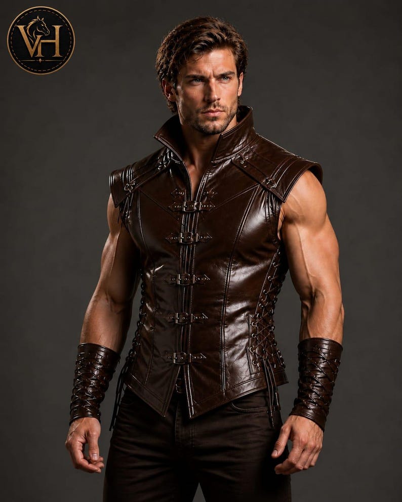 Medieval Leather Vest Men, Gothic Warrior Armor Sleeveless Jacket, Steampunk Renaissance Costume