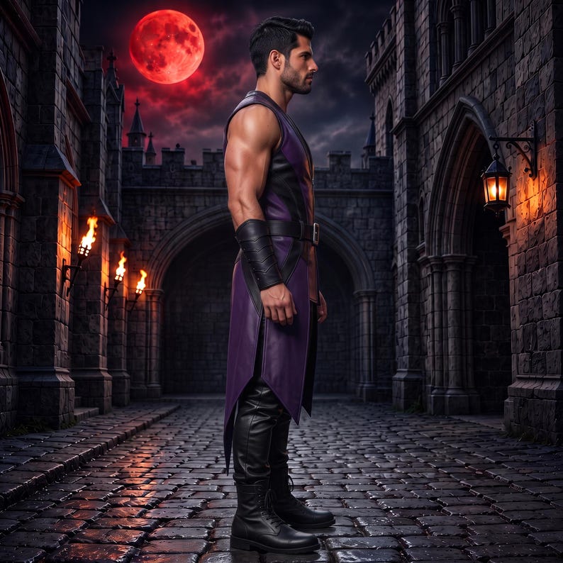 Men's Purple Black Leather Warrior Vest Pants Set image 3