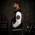 Varsity jacket sleeve skull patch detail
