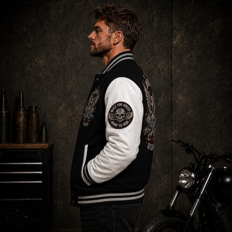 Varsity jacket sleeve skull patch detail