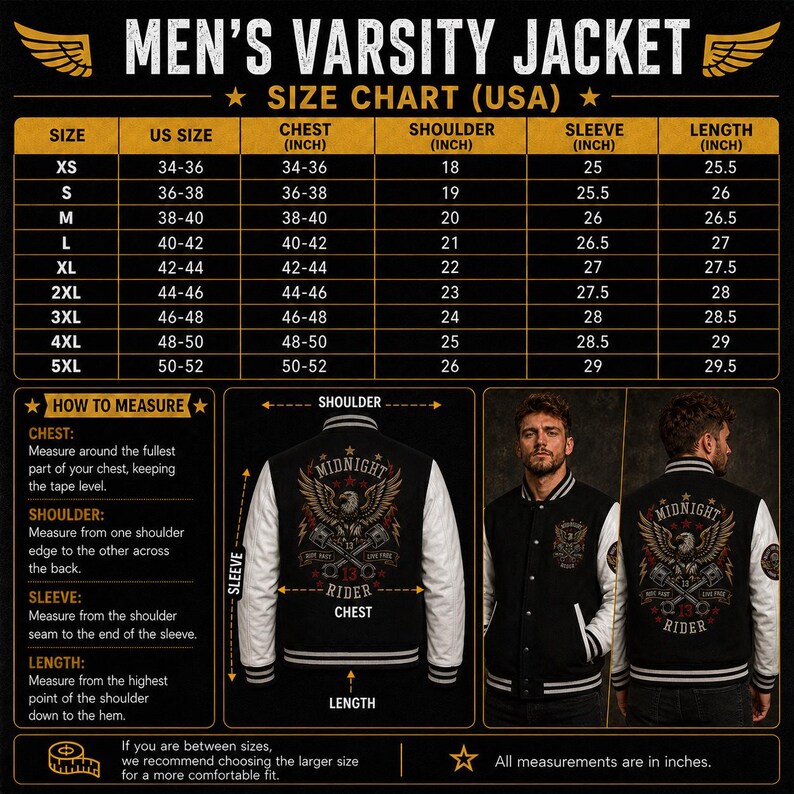 Varsity jacket size chart XS to 5XL