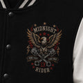 Varsity jacket front snap buttons detail