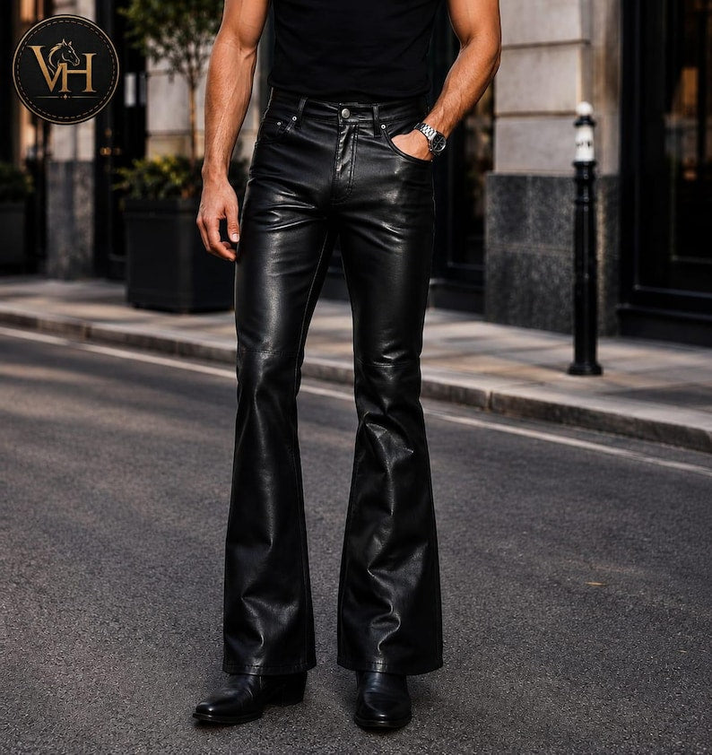 Men's Black Leather Bootcut Flared Pants Rockstar Trousers