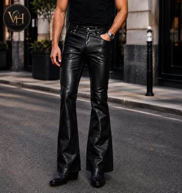 Men's Black Leather Bootcut Flared Pants Rockstar Trousers