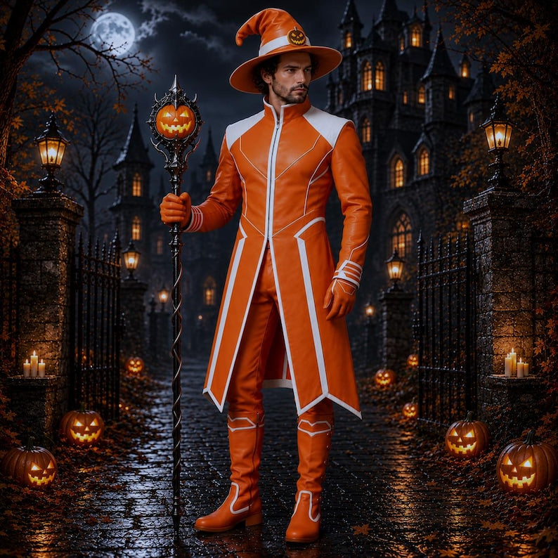 Men's Orange White Leather Wizard Costume Set