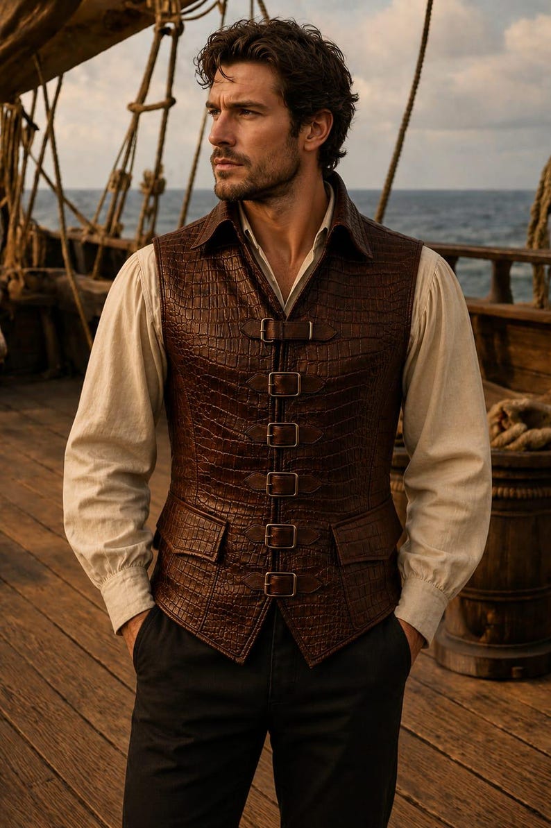 Medieval Pirate Crocodile Leather Vest Renaissance Cosplay Costume Waistcoat