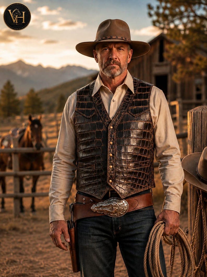 Men Western Cowboy Leather Vest Croc Embossed Country Waistcoat