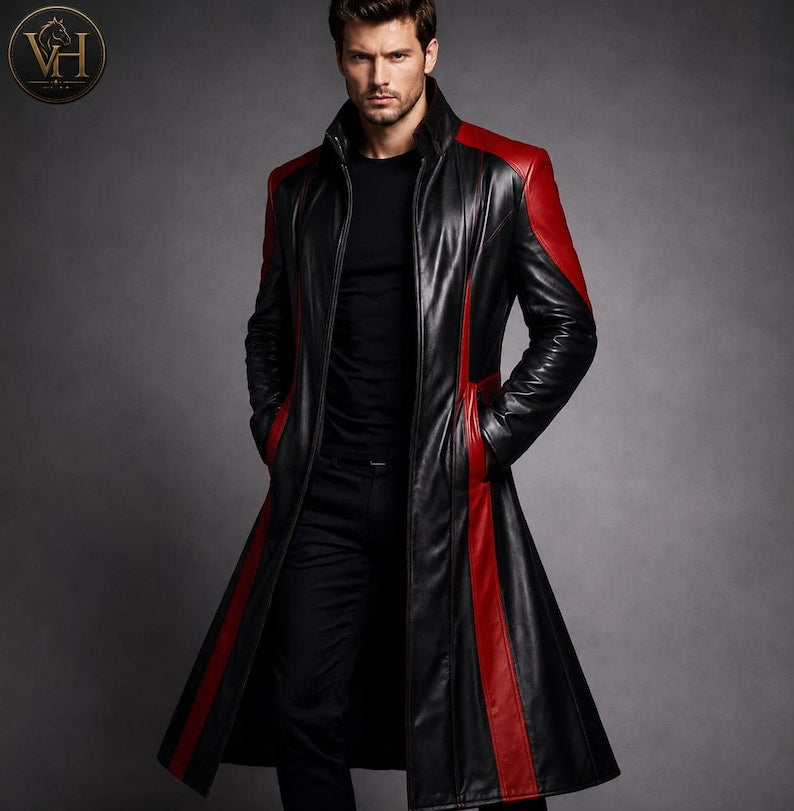 Men's Black Leather Trench Coat Gothic Red Striped Duster Long Jacket