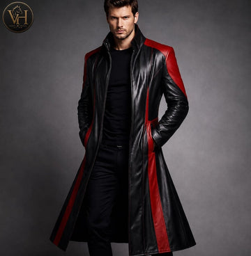 Men's Black Leather Trench Coat Gothic Red Striped Duster Long Jacket