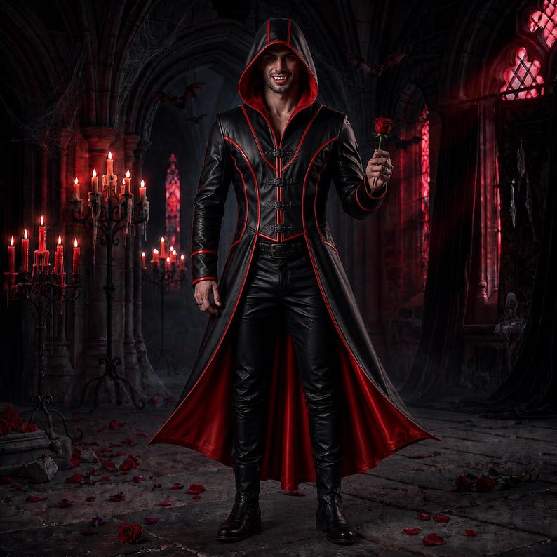 Handmade Black Red Leather Hooded Long Coat Pants Set