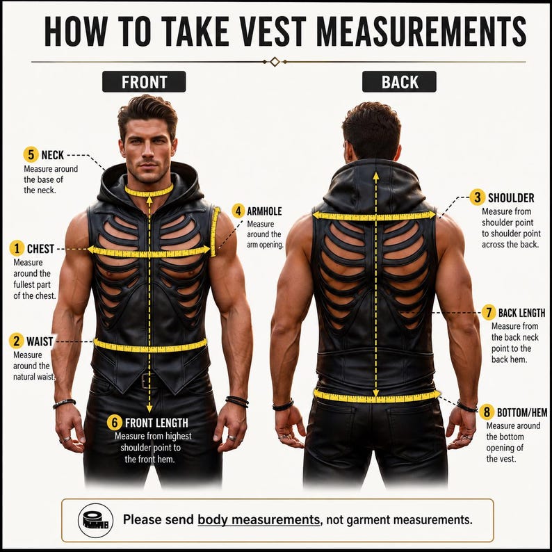 Men's Black Leather Rib Cage Vest