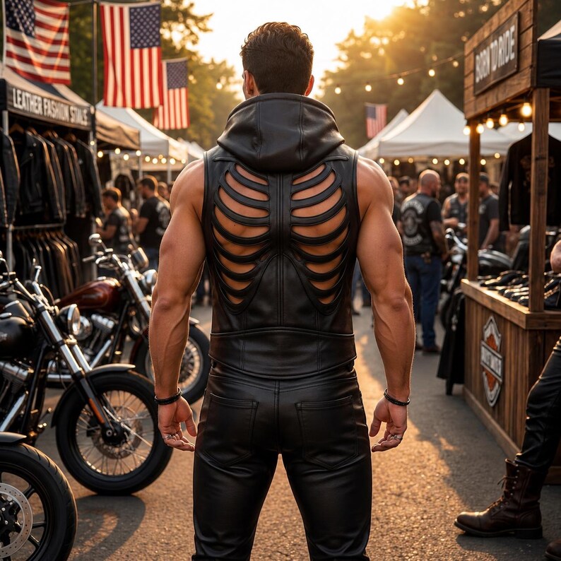 Men's Black Leather Rib Cage Vest image 3