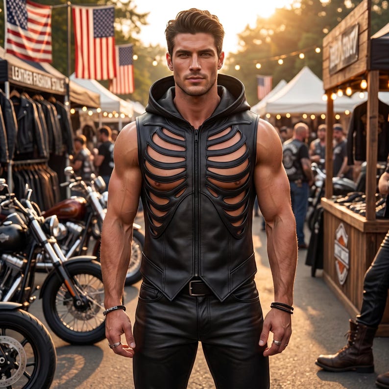 Men's Black Leather Rib Cage Vest