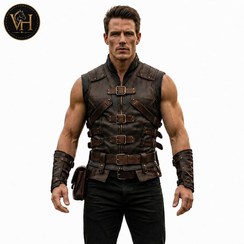 Steampunk Leather Vest Men, Post Apocalyptic Warrior Armor, Distressed Harness Vest