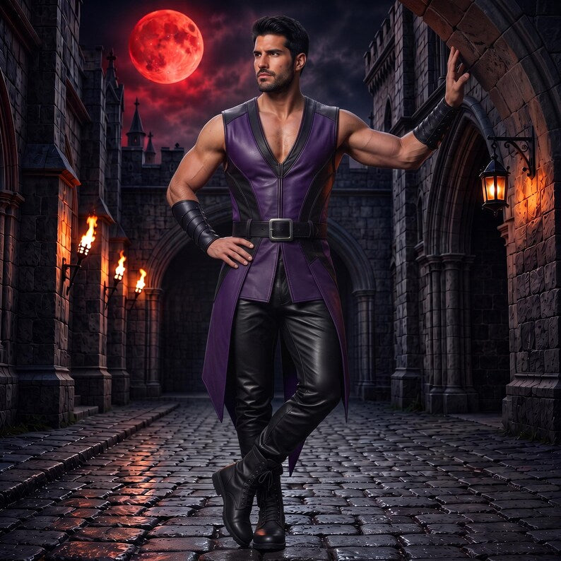 Men's Purple Black Leather Warrior Vest Pants Set image 6