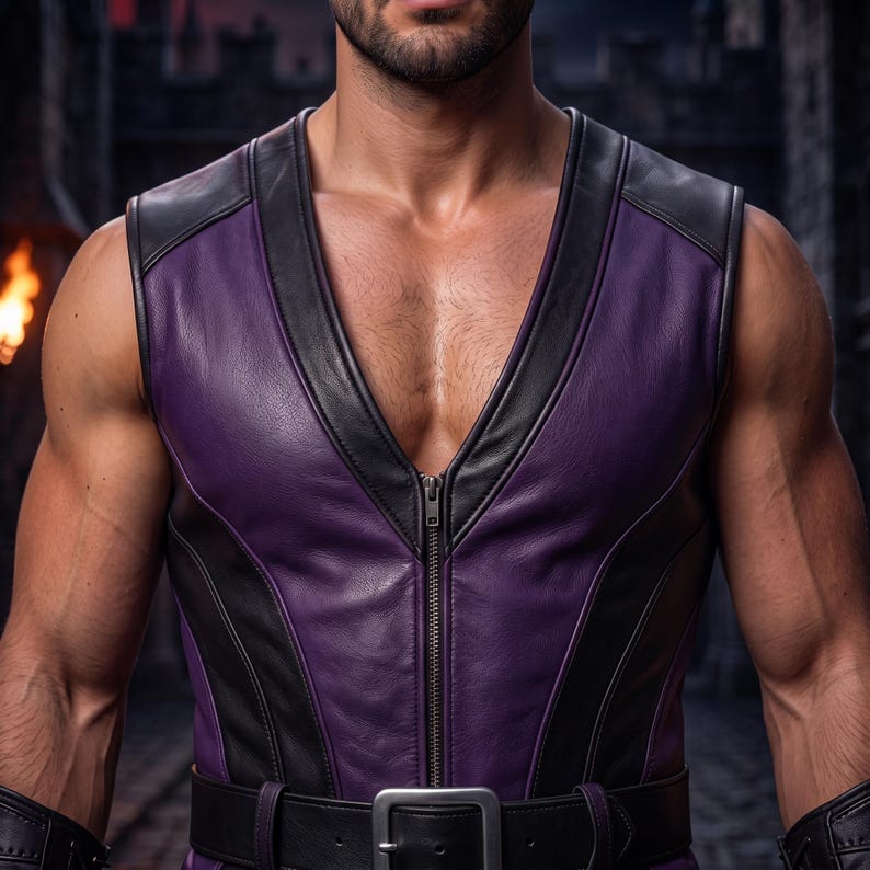 Men's Purple Black Leather Warrior Vest Pants Set image 4
