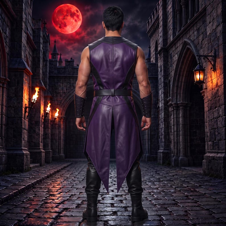 Men's Purple Black Leather Warrior Vest Pants Set