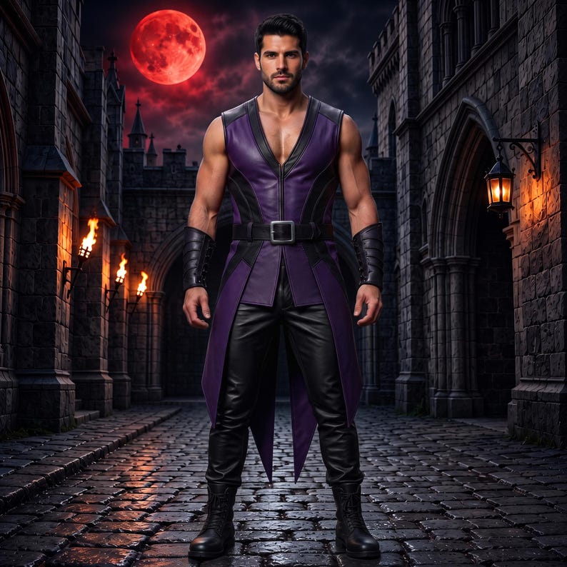 Men's Purple Black Leather Warrior Vest Pants Set